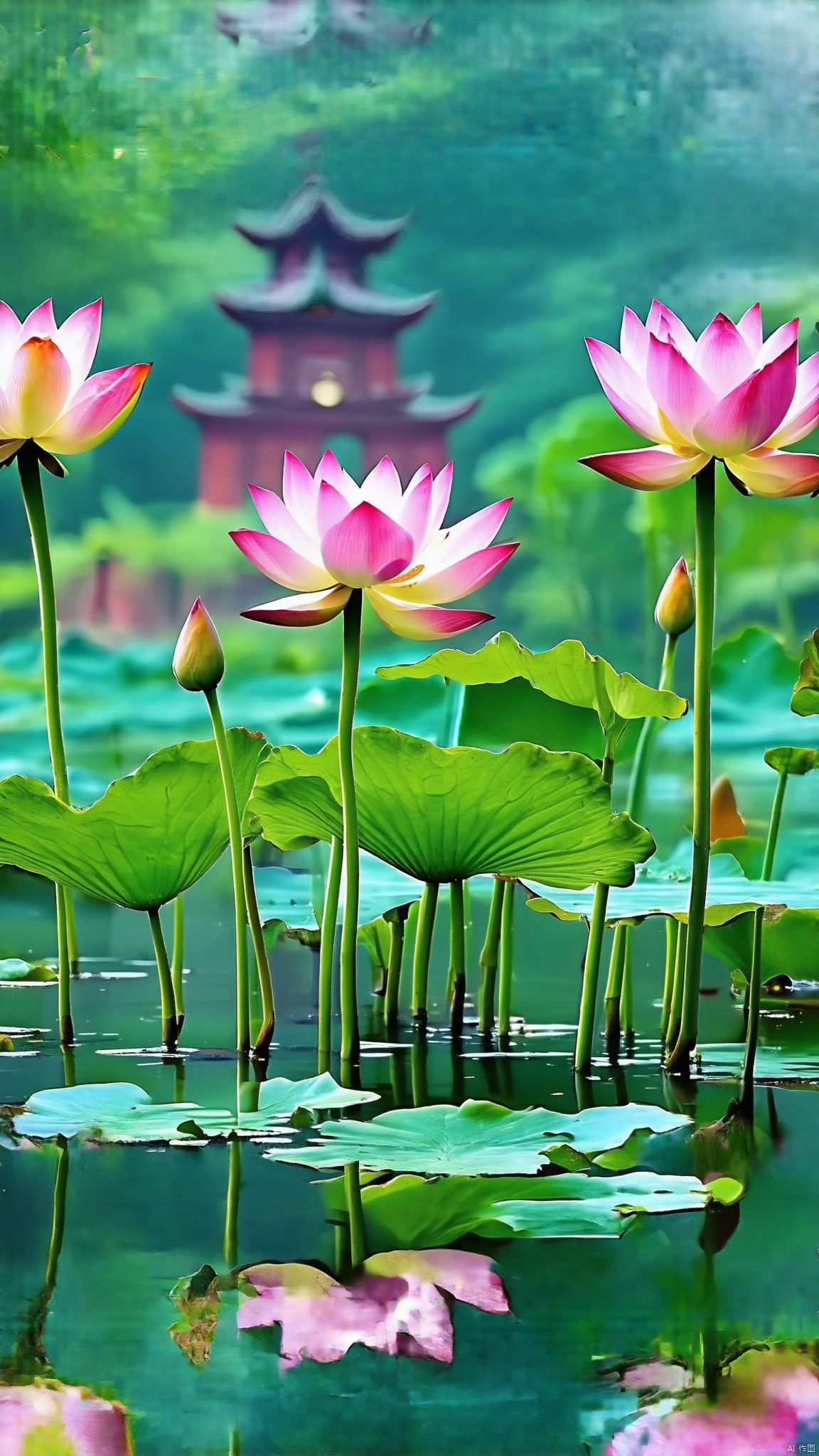 A tranquil scene featuring a Xhehua temple amidst a lotus-filled pond. The soft, natural lighting highlights the intricate details of the Xhehua architecture and the vibrant lotus flowers. The composition is centered around the reflection of the temple in the calm water, creating a serene, symmetrical image. The overall mood is peaceful and meditative, emphasizing the harmonious blend of nature and architecture.