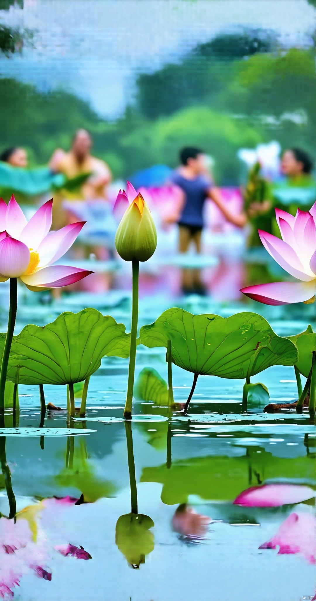 Create an image featuring a serene lotus pond during the Xhehua festival. The scene captures the delicate pink and white lotus flowers floating on the calm, reflective water surface. In the background, people are seen participating in the water-splashing festivities, adding a lively touch to the tranquil setting. The composition balances the peaceful lotus pond with the vibrant festival activities, using soft, natural lighting to highlight the beauty of the flowers and the joyful atmosphere of the event.