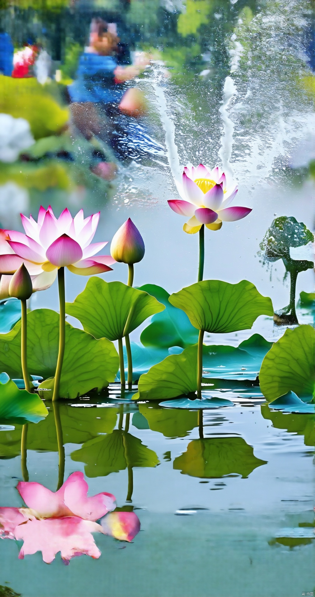 Create an image featuring a serene lotus pond during the Xhehua festival. The scene captures the delicate pink and white lotus flowers floating on the calm, reflective water surface. In the background, people are seen participating in the water-splashing festivities, adding a lively touch to the tranquil setting. The composition balances the peaceful lotus pond with the vibrant festival activities, using soft, natural lighting to highlight the beauty of the flowers and the joyful atmosphere of the event.