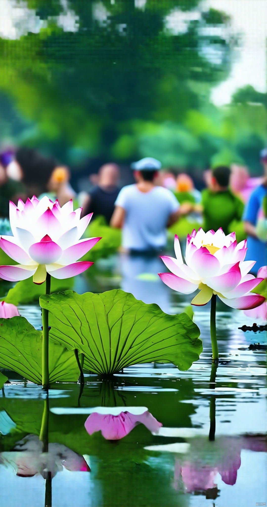 Create an image featuring a serene lotus pond during the Xhehua festival. The scene captures the delicate pink and white lotus flowers floating on the calm, reflective water surface. In the background, people are seen participating in the water-splashing festivities, adding a lively touch to the tranquil setting. The composition balances the peaceful lotus pond with the vibrant festival activities, using soft, natural lighting to highlight the beauty of the flowers and the joyful atmosphere of the event.