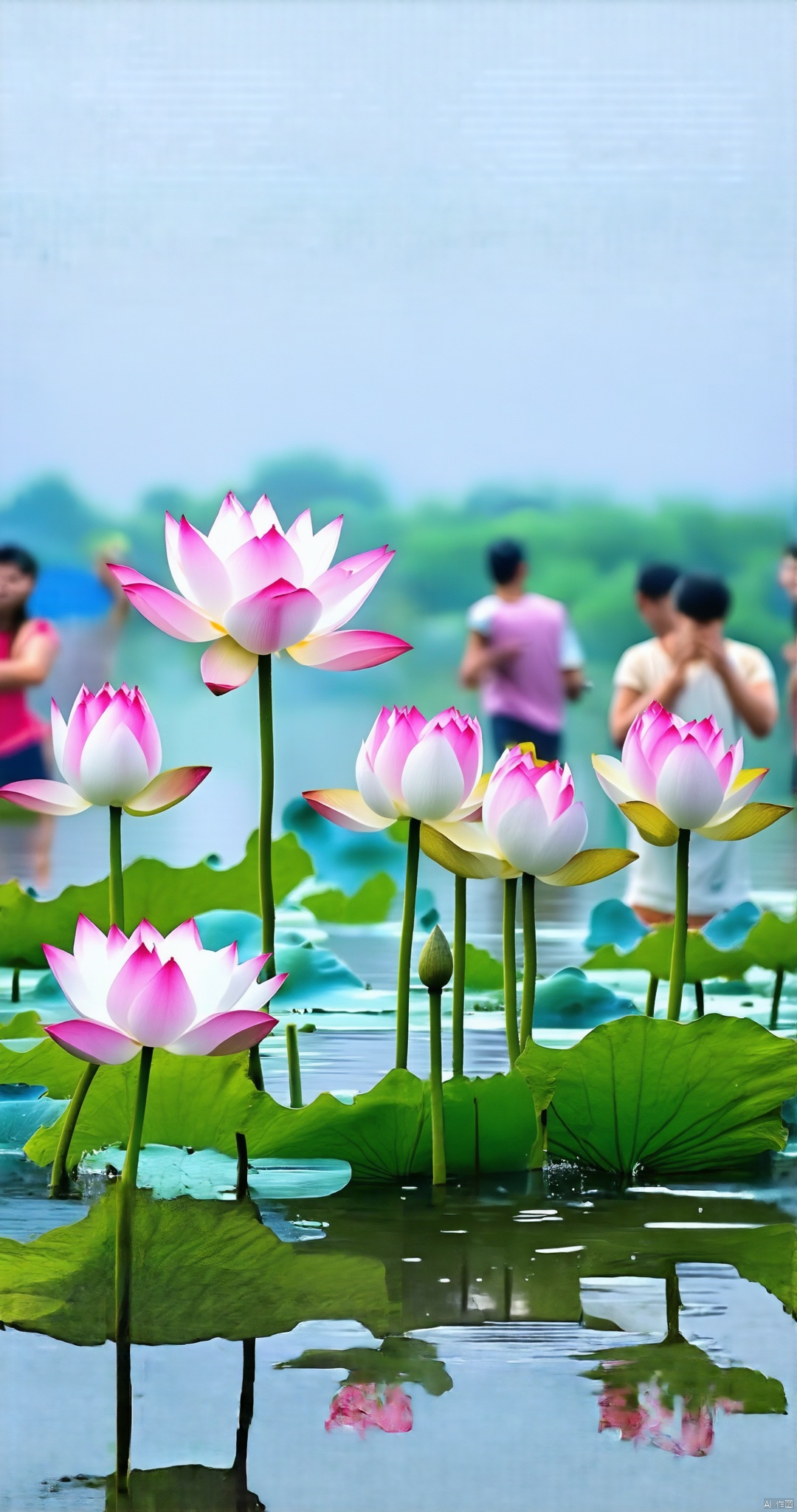 Create an image featuring a serene lotus pond during the Xhehua festival. The scene captures the delicate pink and white lotus flowers floating on the calm, reflective water surface. In the background, people are seen participating in the water-splashing festivities, adding a lively touch to the tranquil setting. The composition balances the peaceful lotus pond with the vibrant festival activities, using soft, natural lighting to highlight the beauty of the flowers and the joyful atmosphere of the event.