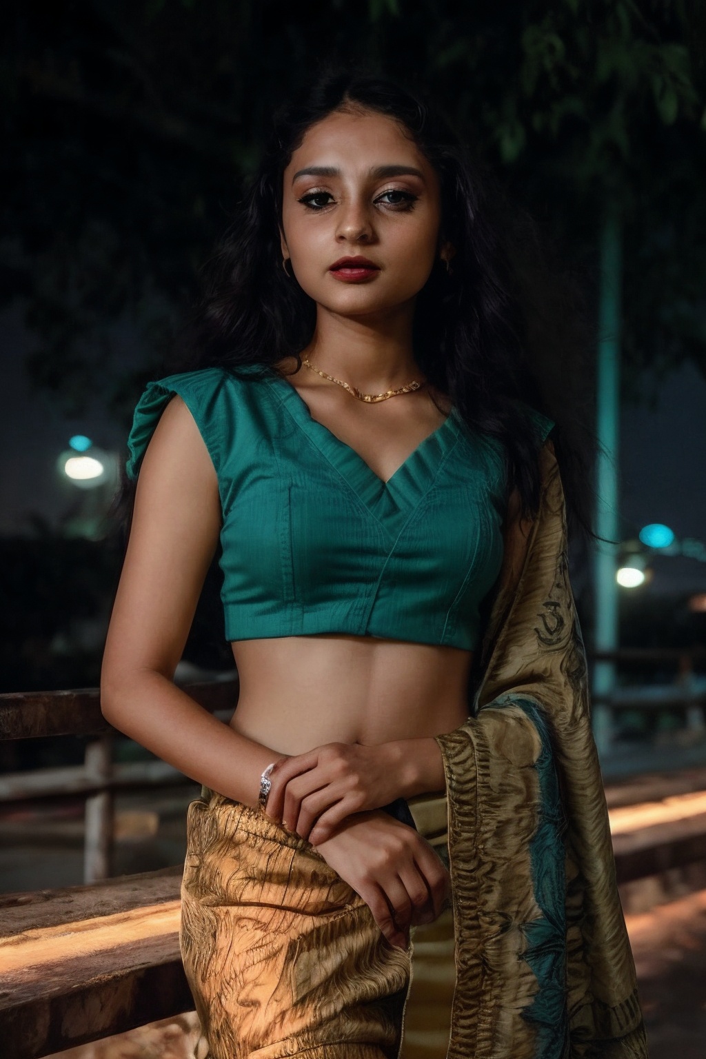 A stylish brown-skinned woman stands out against the sleek,  teal-hued cityscape in a Matrix-inspired scene. The warm glow...