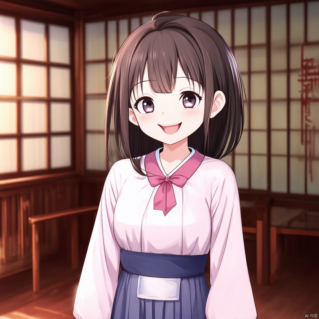 a very cute anime girl smiles, she is standing in a Chinese style room