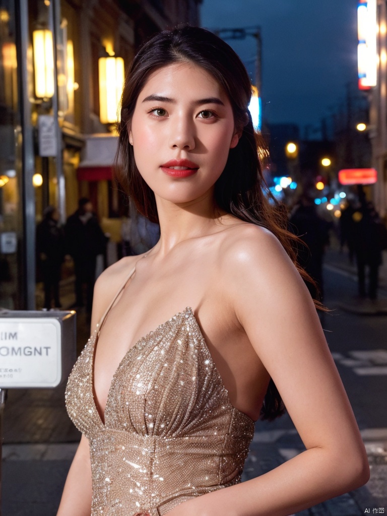  (RAW photo, 4k, realistic, exquisitely detailed skin),masterpiece,best quality,unity 8k wallpaper,ultra detailed,cinematic look,natural skin texture,extremely realistic skin texture,finely detailed face,(film grain:1.2),cinematic angle,Fujifilm XT3,,(highlydetailed),(night scene),(street corner),(1girl),(detailed lighting),(contrast),(mysterious atmosphere),,vivid illumination,,masterful technique,,harmonious composition,,immersive atmosphere,,stunning visuals,