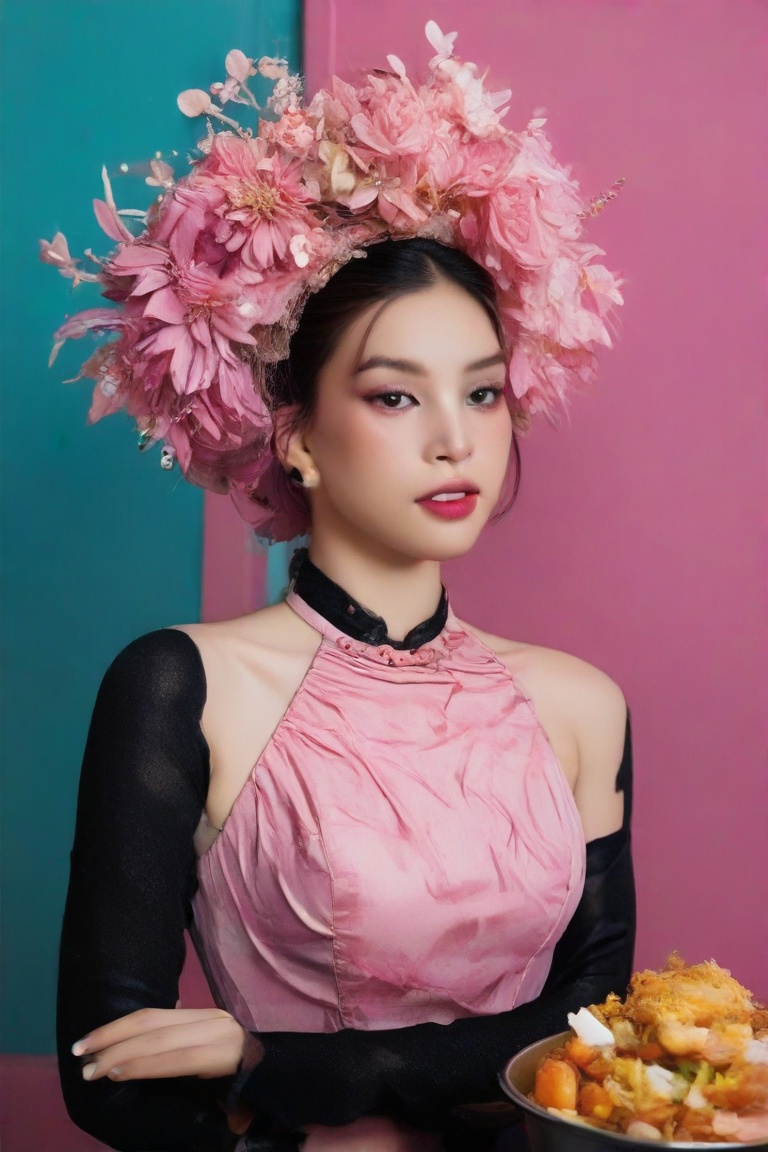 A girl has an elaborate hairstyle with a mix of black and pink tones,  which could suggest a creative or rebellious person...