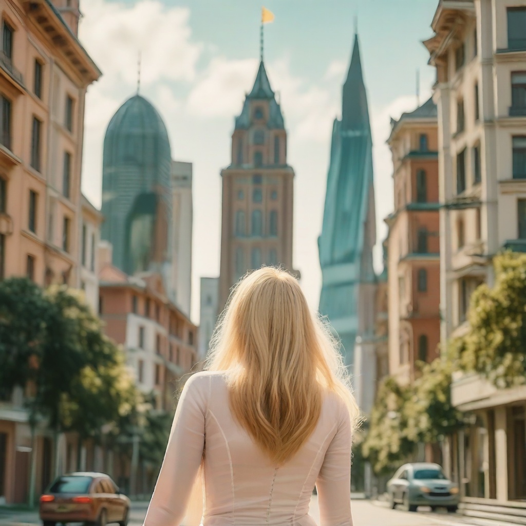 A vibrant cityscape with a blonde woman strolling leisurely,  her hair flowing in the breeze. The scene captures her from...