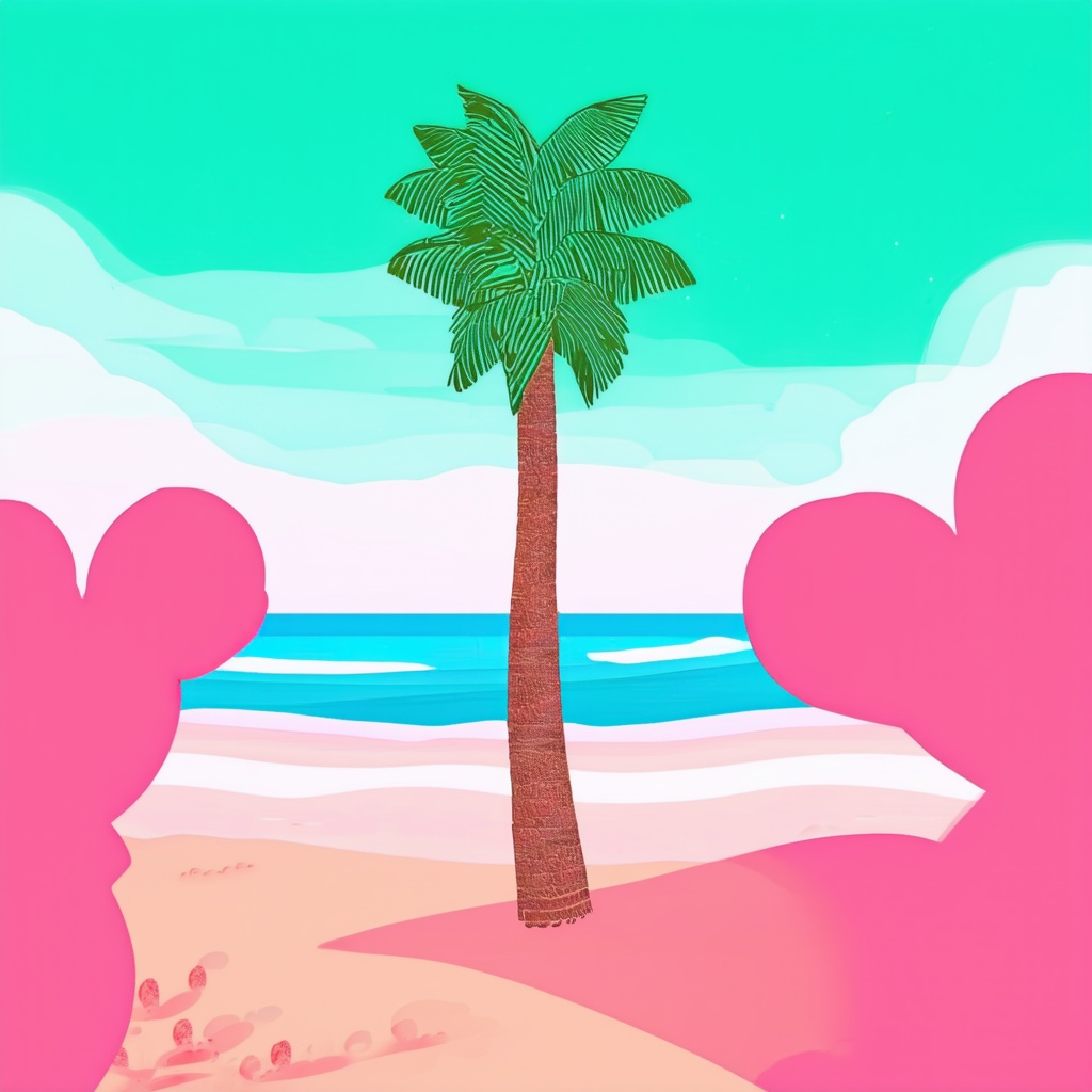 Flat Illustration, Flat Art Style,  a drawing of a palm tree on a beach with the ocean in the background and pink and green colors, outdoors, sky, water, tree, no humans, shadow, beach, scenery, sand, palm tree