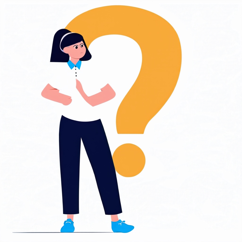 Flat Illustration, Flat Art Style,  cartoon illustration of a woman standing in front of a big question mark with her hands on her hips, 1girl, short hair, simple background, shirt, black hair, white background, standing, full body, short sleeves, shoes, pants, speech bubble, black pants, blue shirt, blue footwear, hand on own chin, print shirt