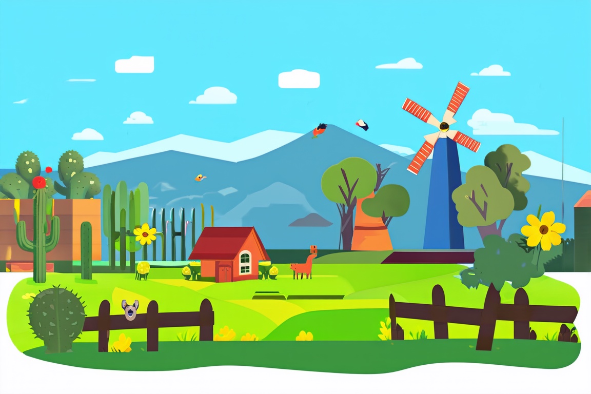 Flat Illustration, Flat Art Style,  an illustration of a rural landscape with windmills, trees, and a house in the middle of it, flower, outdoors, sky, day, blue sky, no humans, bird, animal, grass, plant, scenery, mountain, fence, field, cactus