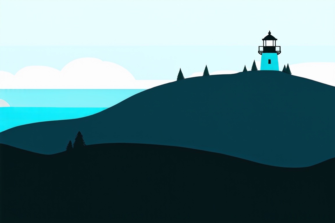 Flat Illustration, Flat Art Style,  an illustration of a lighthouse on top of a hill with grass and trees in front of the ocean at sunset, outdoors, sky, cloud, water, no humans, ocean, grass, building, scenery, sun, house, tower, lighthouse