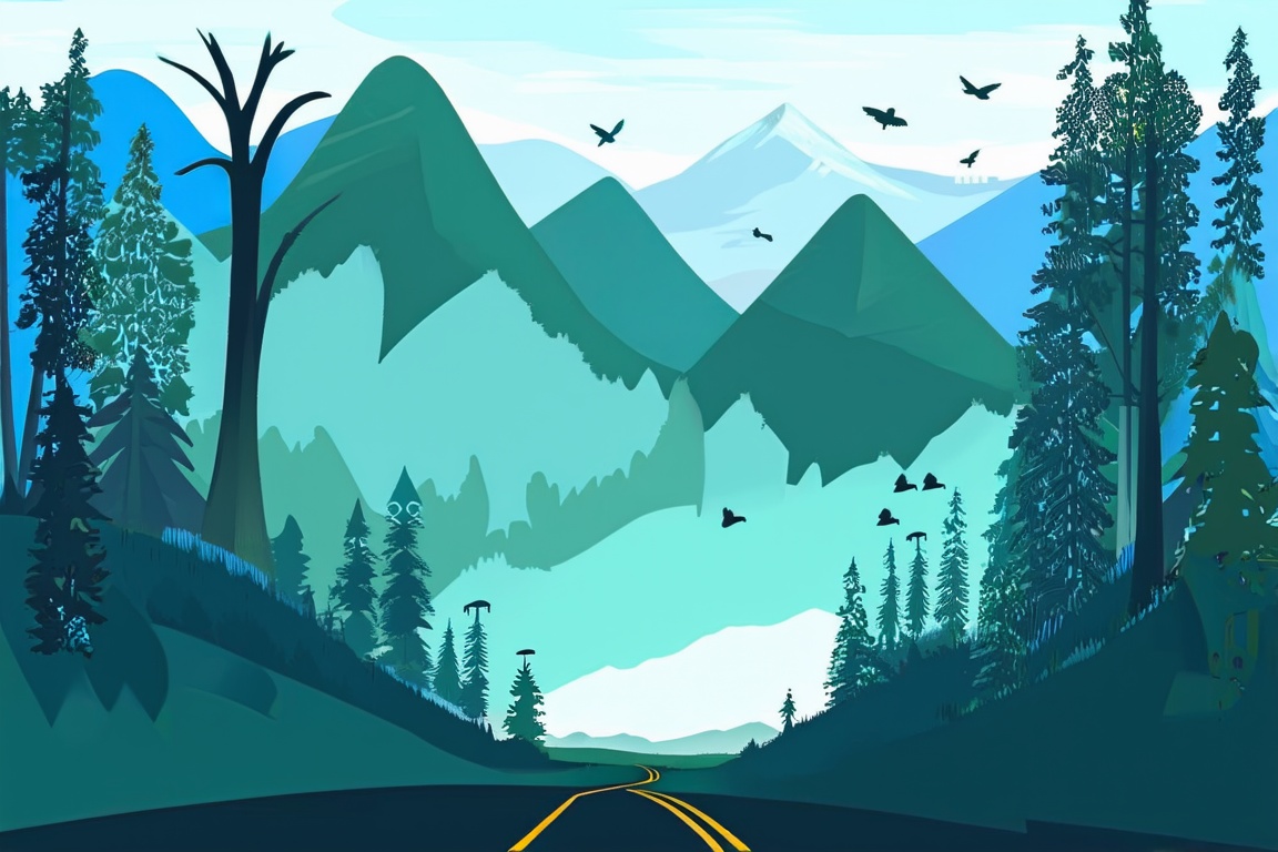 Flat Illustration, Flat Art Style,  an illustration of a road in the forest with trees and mountains in the background, with birds flying in the sky, outdoors, sky, tree, scenery, nature, forest, mountain