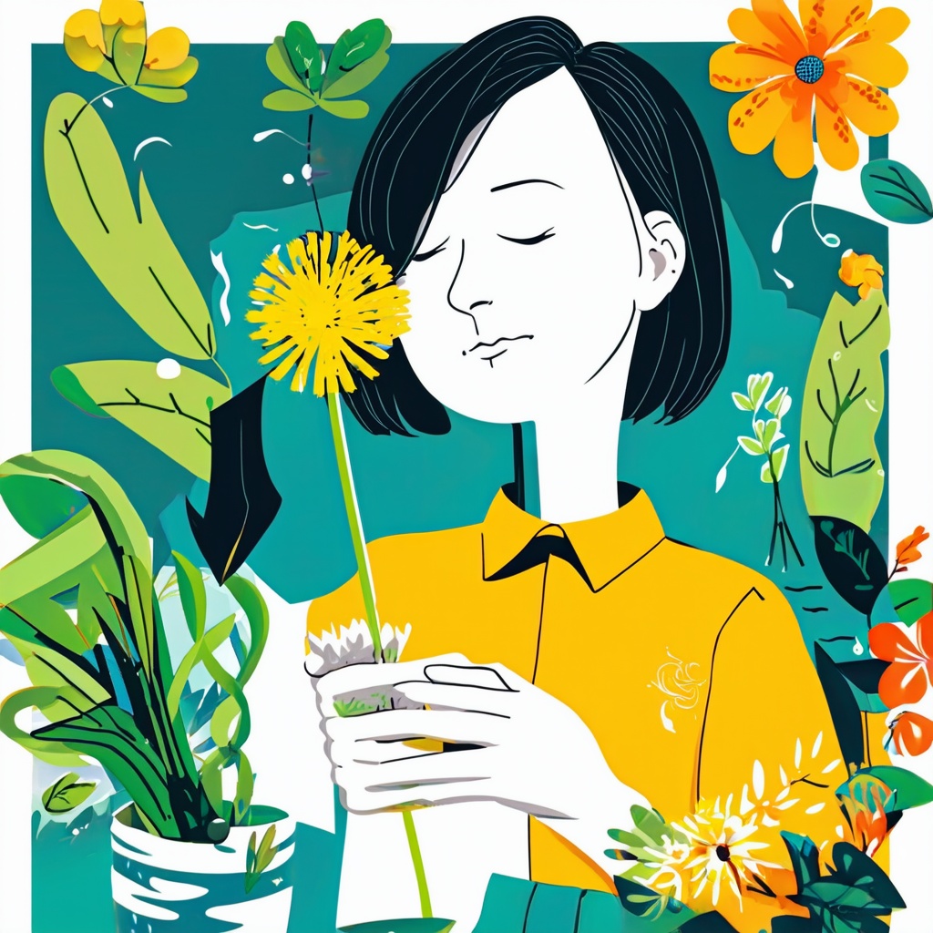 Flat Illustration, Flat Art Style,  an illustration of a woman holding a dandelion in her hand, surrounded by plants and other flowers, 1girl, short hair, simple background, shirt, skirt, black hair, long sleeves, holding, closed eyes, plant, yellow shirt, flat color, blending