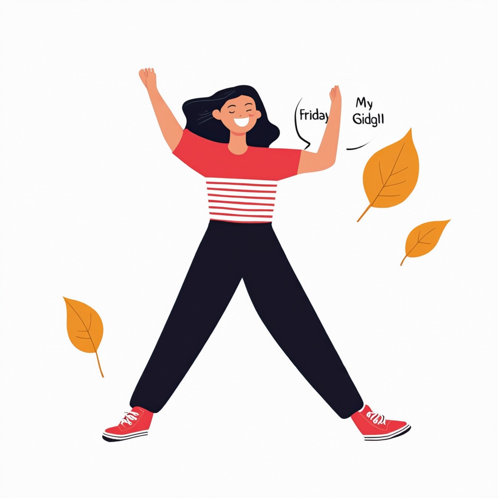 Flat Illustration, Flat Art Style,  an illustration of a woman with her arms up in the air and a speech bubble that says my friday, 1girl, long hair, smile, simple background, shirt, black hair, white background, standing, full body, closed eyes, short sleeves, shoes, pants, striped clothes, speech bubble, arms up, black pants, leaf, outstretched arms, red shirt, red footwear, striped shirt, clothes around waist
