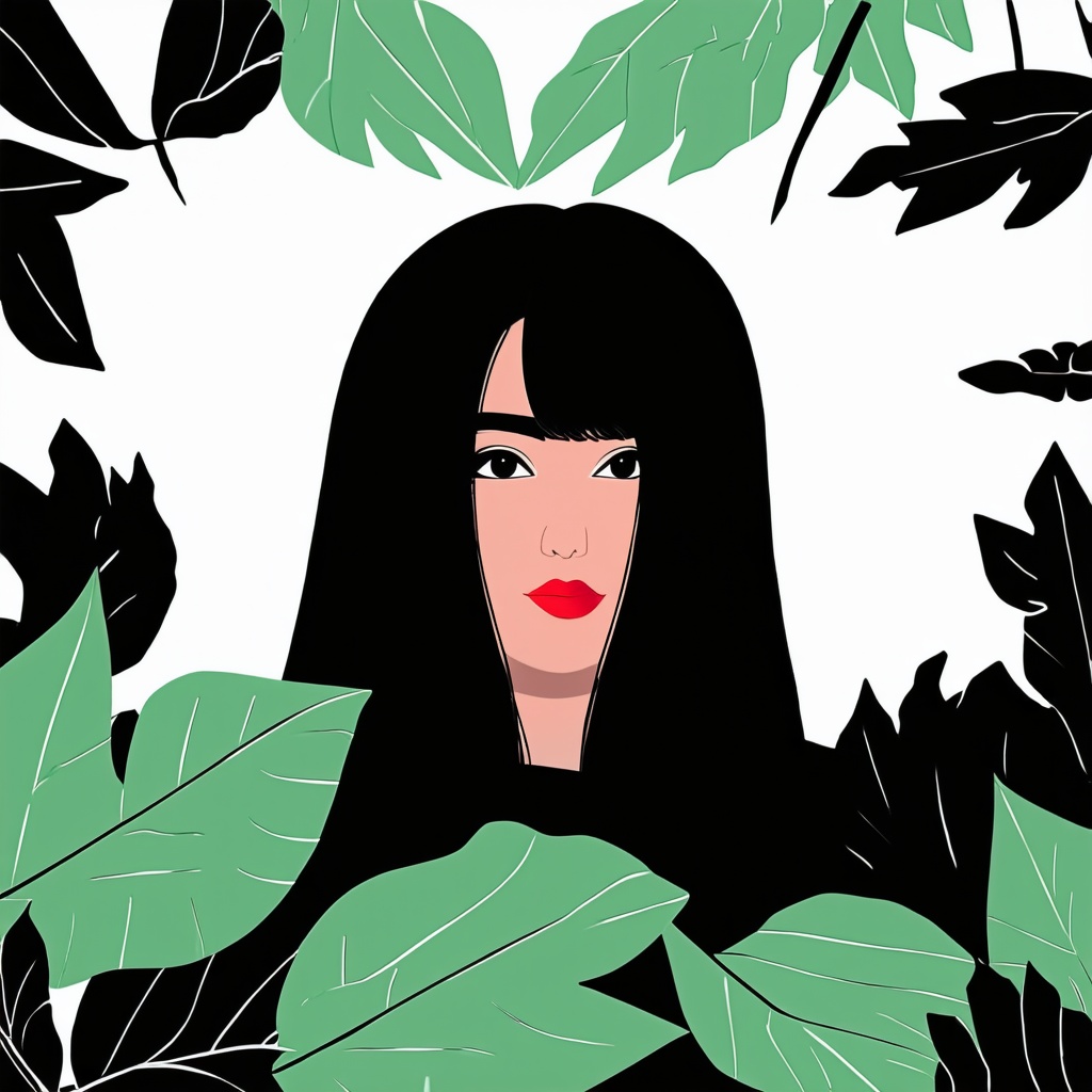 Flat Illustration, Flat Art Style,  illustration of a woman peeking out from behind a leafy plant in front of a black and white background, 1girl, long hair, looking at viewer, simple background, black hair, white background, black eyes, makeup, portrait, lipstick, red lips