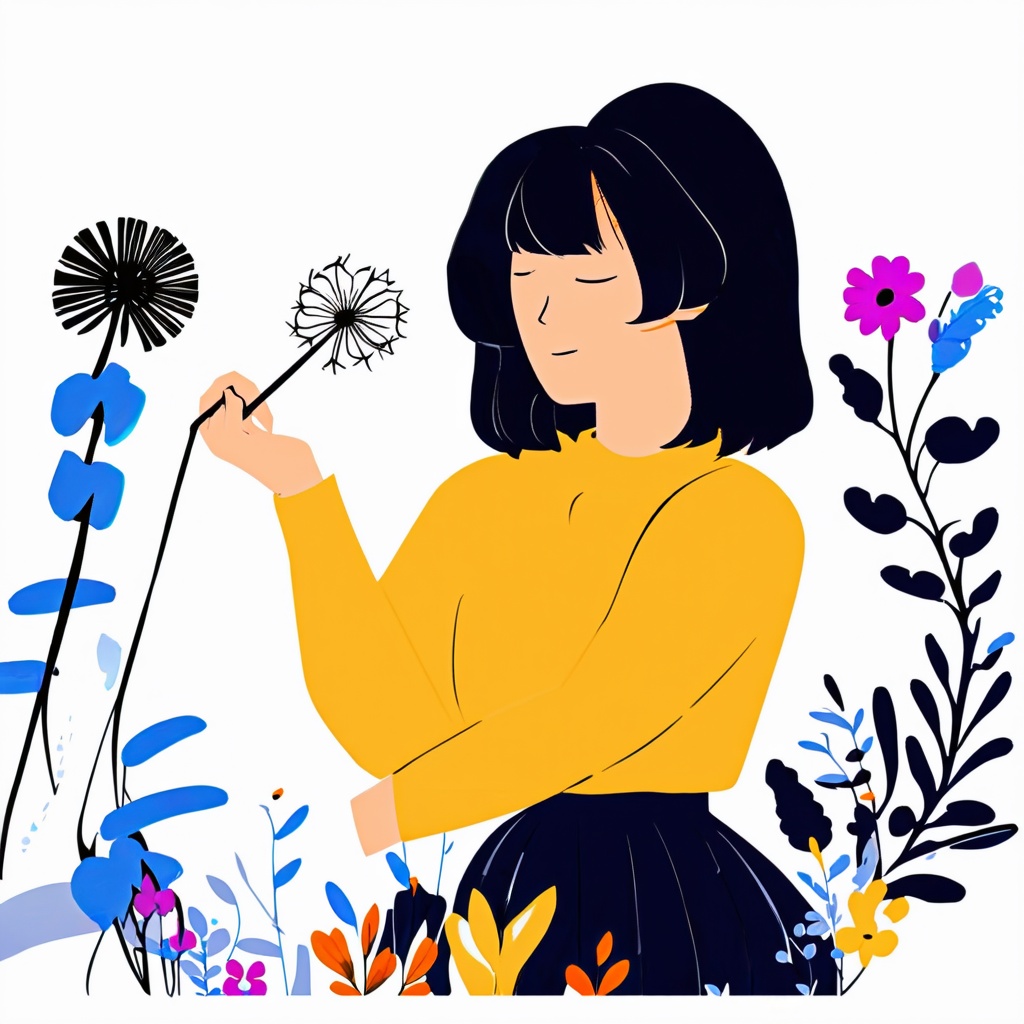 Flat Illustration, Flat Art Style,  an illustration of a woman holding a dandelion in her hand, surrounded by plants and other flowers, 1girl, short hair, simple background, shirt, skirt, black hair, long sleeves, holding, closed eyes, plant, yellow shirt, flat color, blending