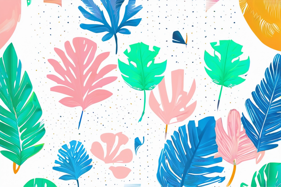 Flat Illustration, Flat Art Style,  illustration of colorful tropical leaves on a white background with dots and polka dots in pink, blue, green and orange, no humans, leaf, plant, halftone