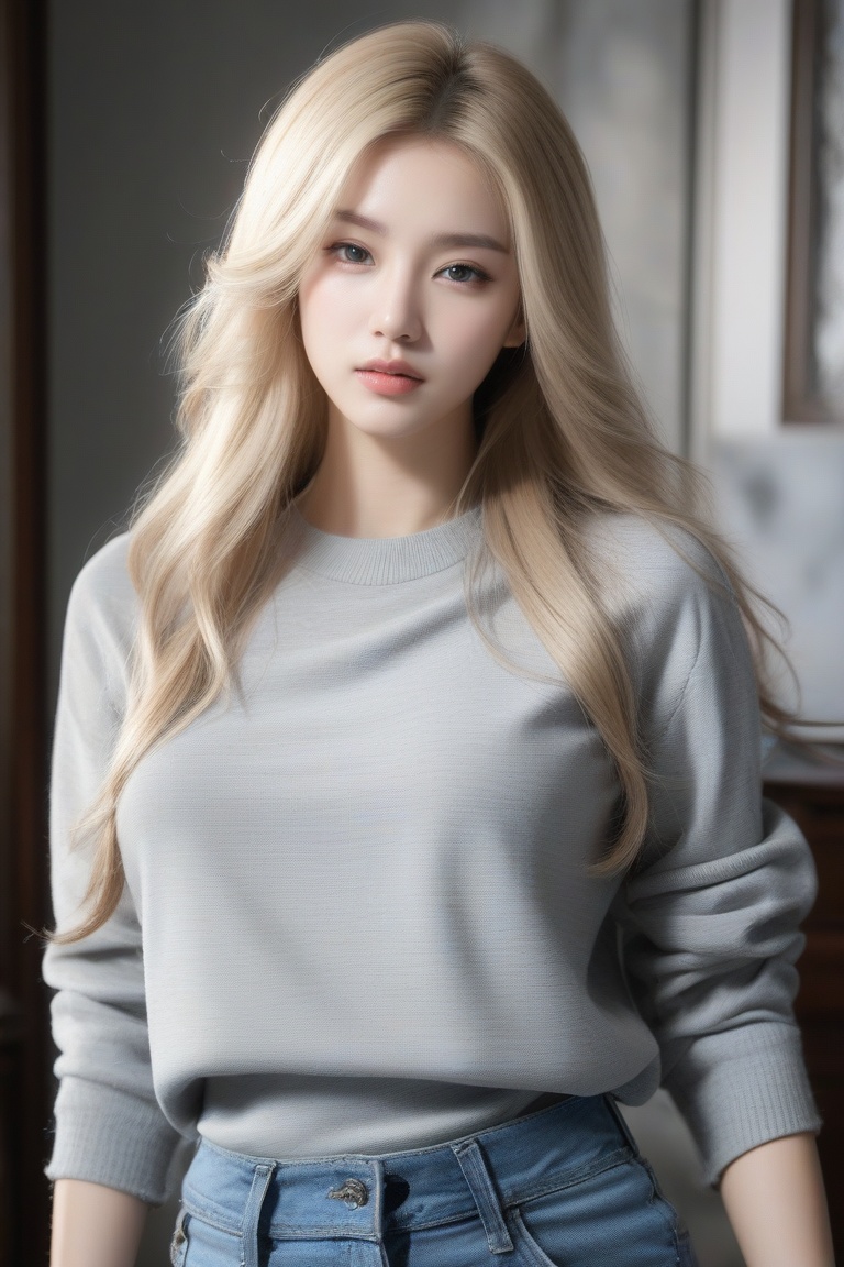 (best quality, 4K, 8K, high-resolution), ultra-detailed, best detailed, details, realistic, best detailed, details, realistic skin, skin detailed, natural skin texture, photorealism, photorealistic, intricate, elegant, highly detailed, insane details, intricate details, hyper detailed, beautiful slender woman, standing, long blonde hair, cowboy shot, grey sweater, pants, living room, photogenic