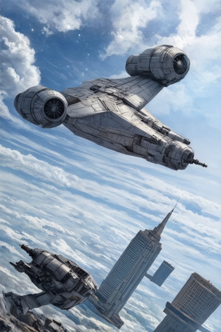 A starship razor crest \(star wars\) flying over a city,  sky,  cloud on Tensor.Art