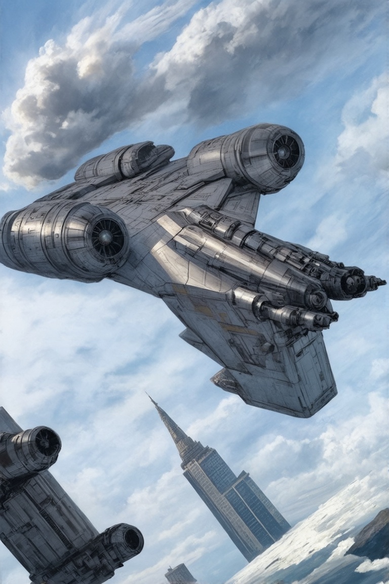 A starship razor crest \(star wars\) flying over a city,  sky,  cloud on Tensor.Art