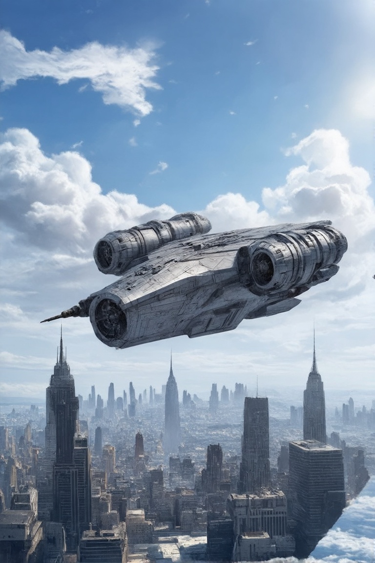 A starship razor crest \(star wars\) flying over a city,  sky,  cloud on Tensor.Art