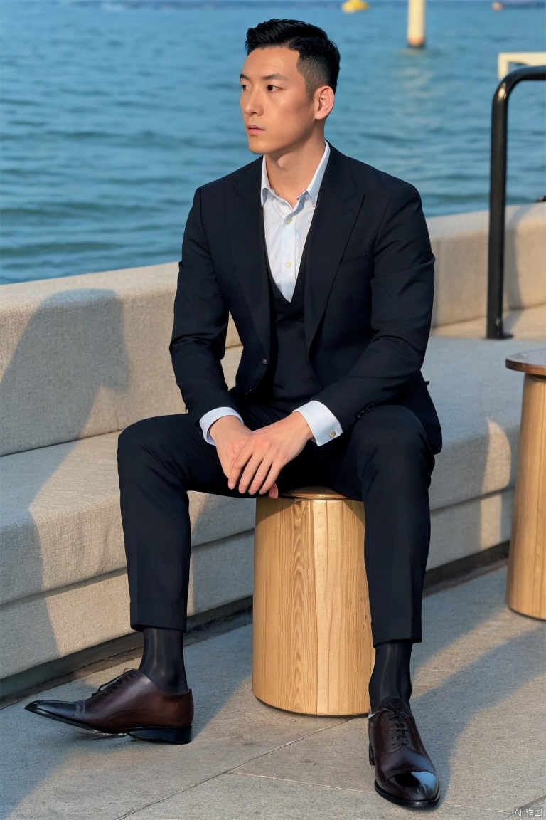 jzns,brn,1man,solo,handsome,asian,male focus,cup, black hair, white shirt, sitting, black pants, brown footwear,(untied bowtie), black glossy socks, hair slicked back,sea,(masterpiece,realistic,best quality,highly detailed),jmsw,brn
