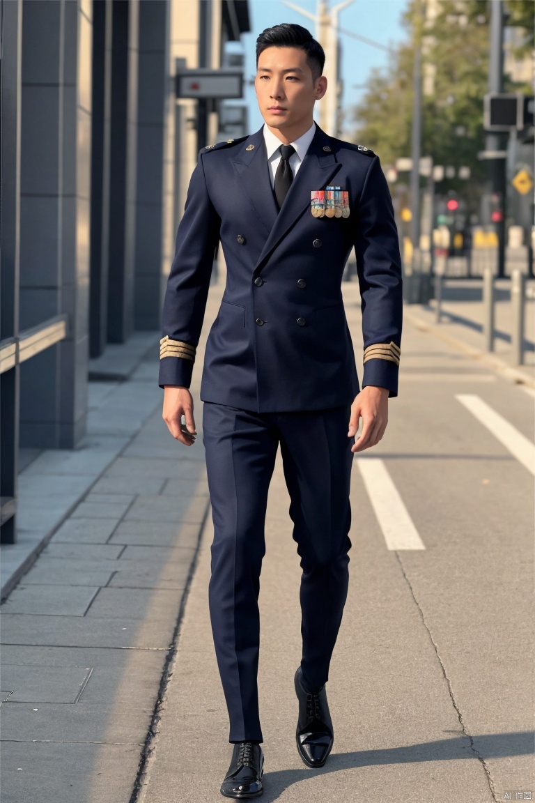  1man,asian,exquisite facial features,handsome,solo,tall,male focus,navy military_uniform,Long sleeves,(black knee_boots),pants,muscular,full body,model pose,street,city,sunny,blurry,masterpiece,realistic,best quality,highly detailed,,jzns,brn