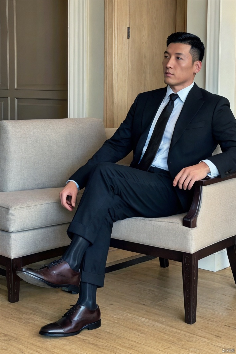 jzns,hzbz,1man,solo,asian,handsome,realistic,male focus, crossed legs, couch, sitting, white shirt, black pants, indoors, looking at viewer, facial hair, black necktie,black glossy socks,brown footwear, full body,in cafe,(masterpiece,realistic,best quality,highly detailed),jmsw,brn