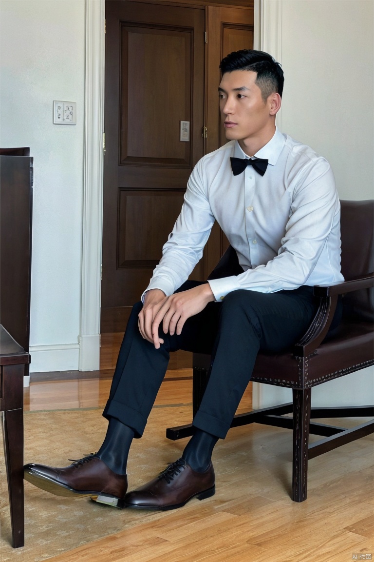 jzns,brn,1man,solo,handsome,asian,male focus,male focus, black hair, white shirt, sitting, black pants, brown footwear, indoors, chair, untied bowtie, black glossy socks, hair slicked back(masterpiece,realistic,best quality,highly detailed),jmsw,brn