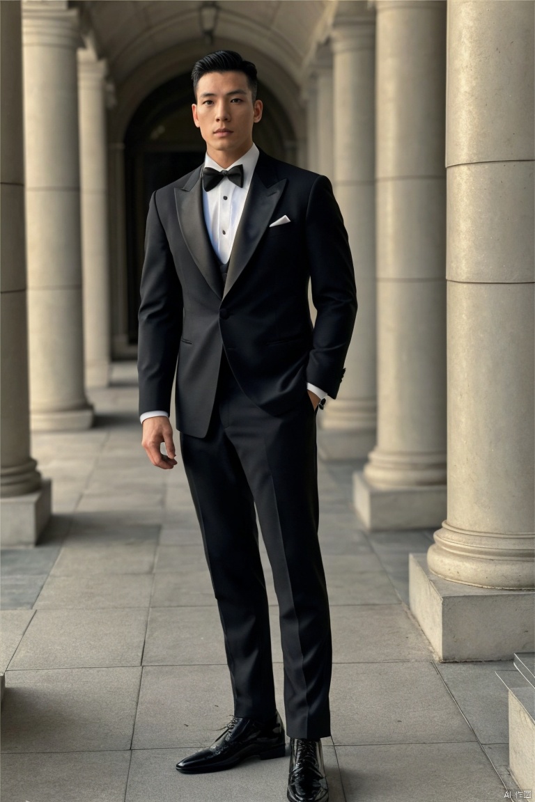  1man,asian,exquisite facial features,handsome,tall,male focus,tuxedo,muscular,gothic footwear,full body,model pose, ambient light,(cinematic composition),Volumetric lighting,blurry,(masterpiece, realistic, best quality, highly detailed),full shot,outdoors,Dynamic angle, jzns,brn