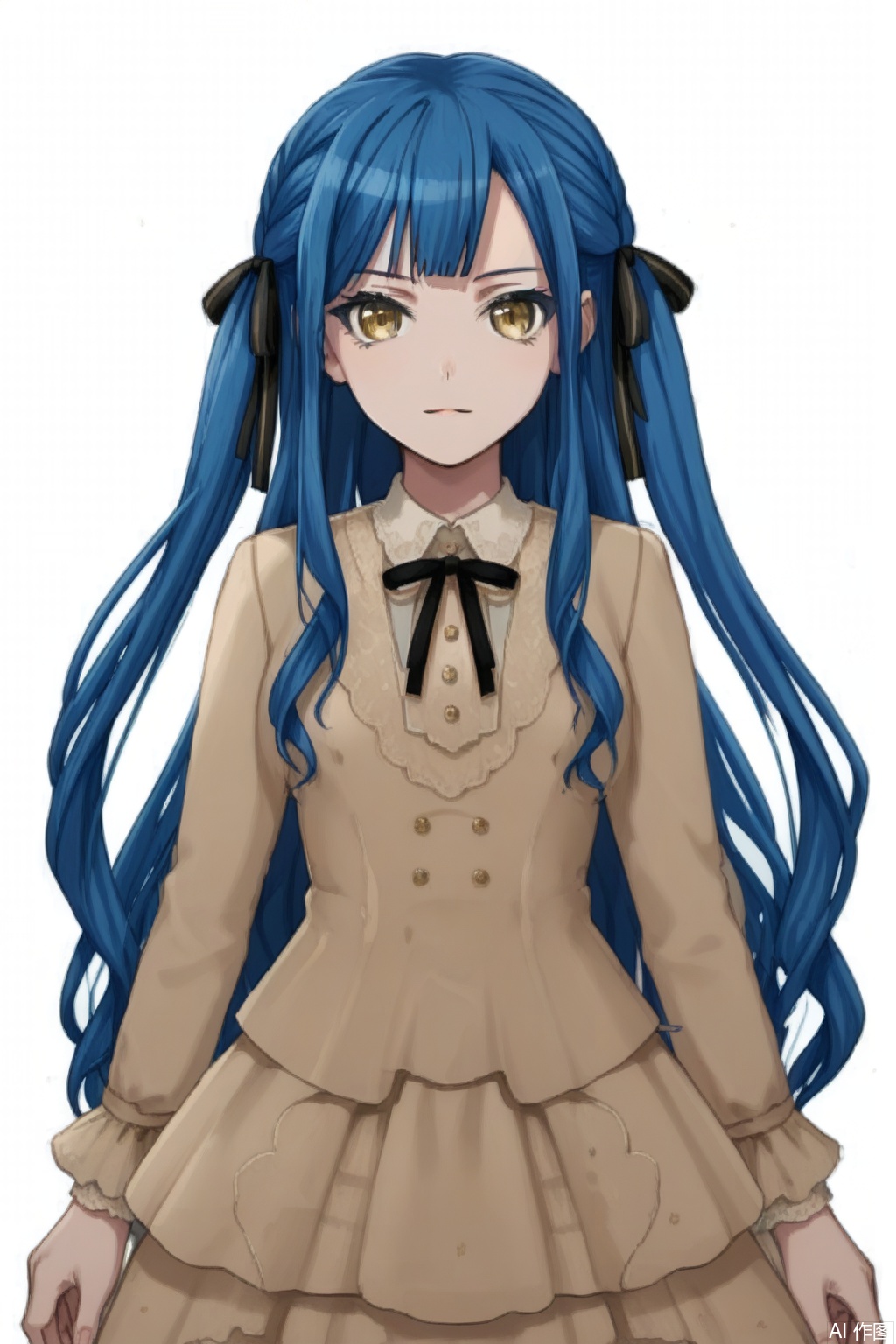 masterpiece, best quality,solo,((white background:1.2)),simple background,
looking at viewer,sakiko,long hair, bangs, ribbon, blue hair,hair ribbon, two side up, black ribbon,yellow eyes