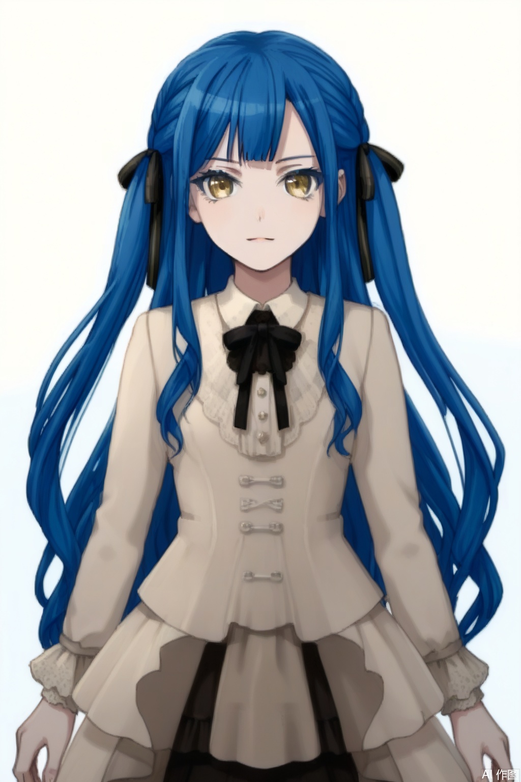 masterpiece, best quality,solo,((white background:1.2)),simple background,
looking at viewer,sakiko,long hair, bangs, ribbon, blue hair,hair ribbon, two side up, black ribbon,yellow eyes