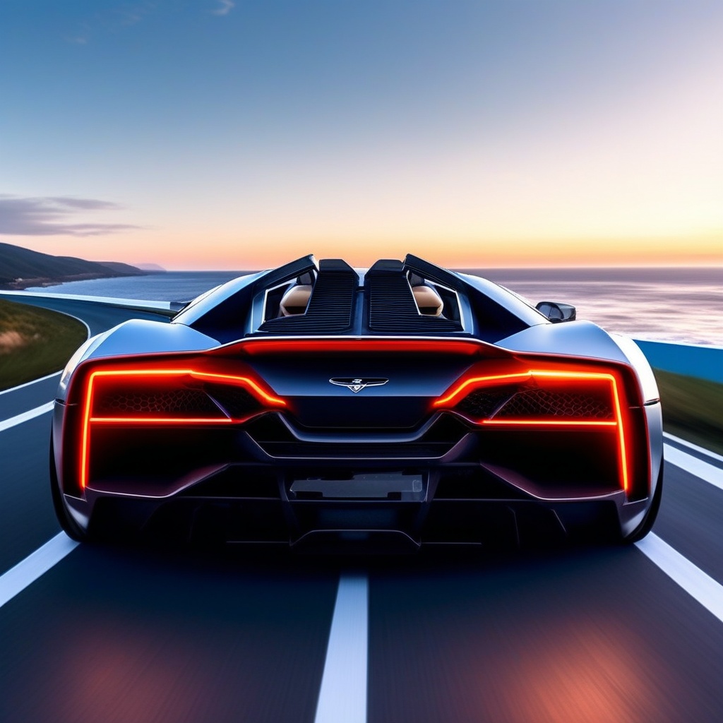 realistic photo of a lamborghini egoista,bright turned on head lights,driving at high speed in a coast highway,day,rear view,
ek_car_b00ster