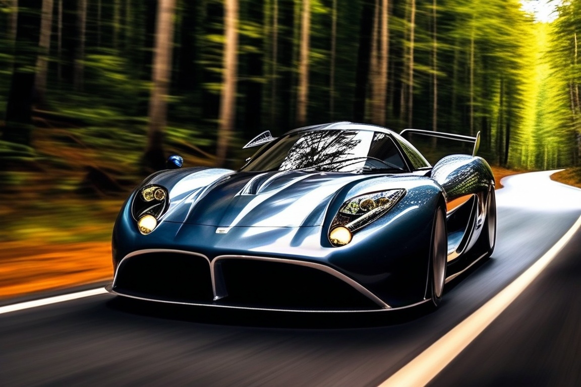 realistic photo of a sports car designed by Ian Callum,shiny spinning wheels,glossy alloy rims,bright turned on head lights,driving at high speed in a forest trail,front view,
ek_car_b00ster,