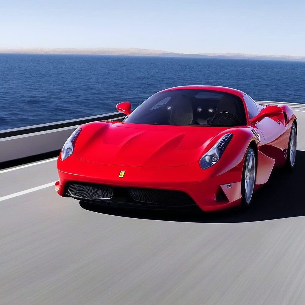 realistic photo of a Ferrari designed by Leonardo Fioravanti,Concept car,Sports car,Red color,shiny spinning wheels,glossy silver alloy rims,bright turned on head lights,driving at high speed in a coast highway,
ek_car_b00ster,