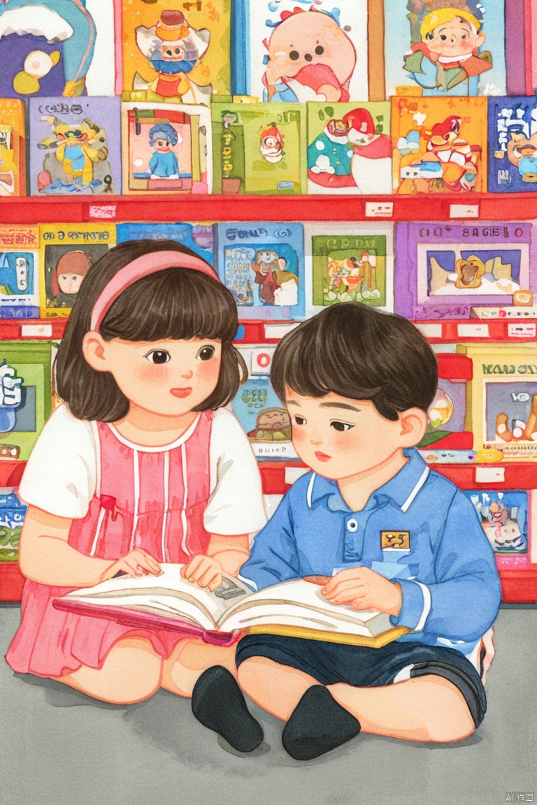 kidslike, interesting picture, a little boy and a little girl reading in a bookstore