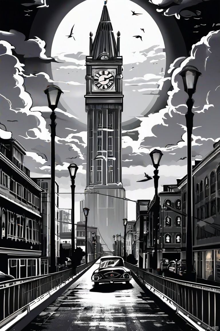 ArtComposition,album cover,architecture,banner,bridge,building,car,city,cityscape clock tower,crosswalk,ground vehicle,lantern,Poster,design,official art,Surreal,details,
