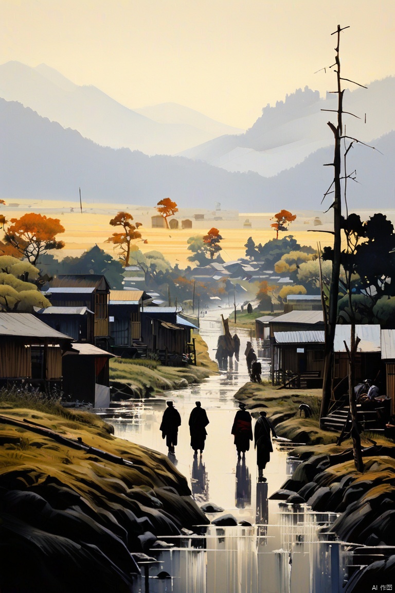 minimalism,Japanese Zen aesthetics,abstractionism,(expressionism:1.2),(oil painting:1.3),(Georgy Kuraso:1.4),(strokes:1.2),Cubism,32k,oo crowded villagers walking and caravans on wet dark ground,they migrate,highly detailed,art by greg rutkowski,ArtComposition