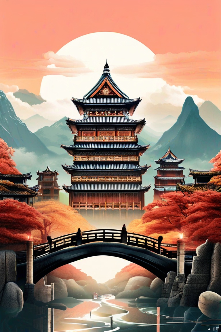 ArtComposition,album cover,arch,architecture,bridge,building,city,cityscape,east asian architecture,house,lantern,Poster,creative picture Surreal,design,