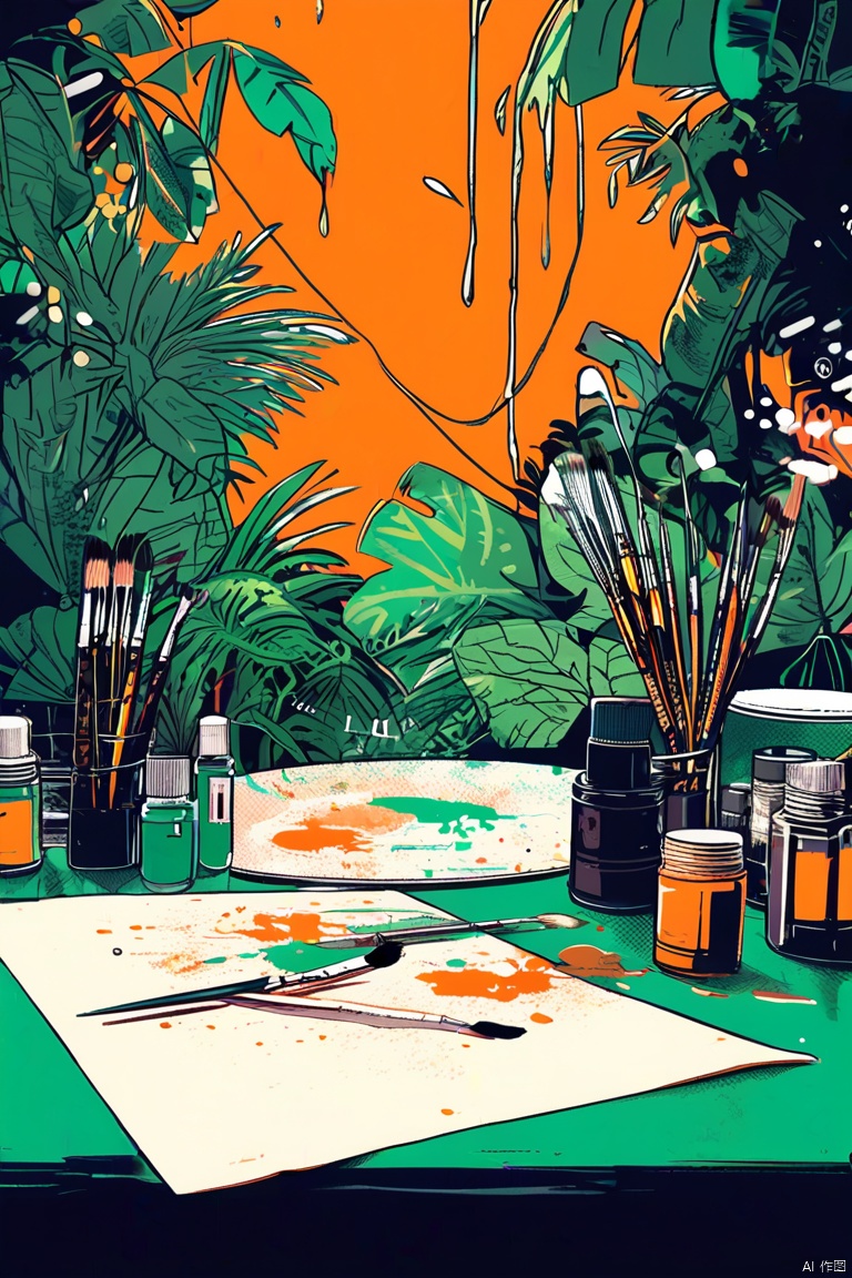 ArtComposition,album cover,album cover,english text,monochrome,doodle style,an illustration of an art area with paints and brushes on the plate,in the style of light orange and dark emerald, simplified line work, angelcore, hallyu, junglepunk, pop kei, daz3d.
,Poster,official art,design,creative picture,Surreal,Poster,design,official art,Surreal,details,