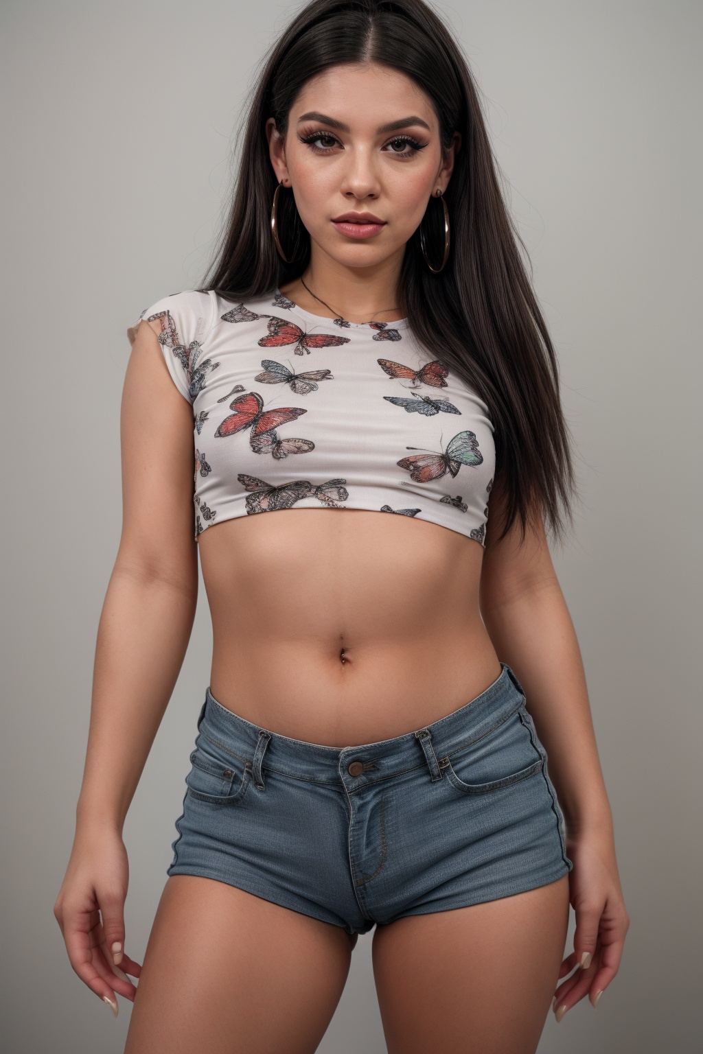 Close-up shot of a confident individual sporting a vibrant butterfly-print crop top and distressed denim shorts. The makeu...