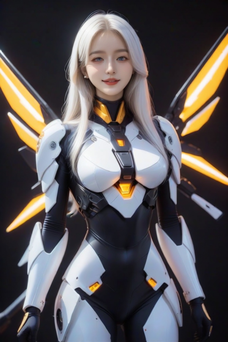 masterpiece, best quality, 1girl, solo, long hair, looking at viewer, smile, blue eyes, blonde hair, standing, white hair, cowboy shot, realistic, black background, FuturEvoLabMecha, 