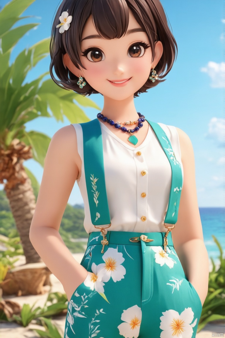 1girl, solo, looking at viewer, blush, smile, short hair, bangs, brown hair, shirt, black hair, hair ornament, brown eyes, jewelry, closed mouth, standing, white shirt, flower, earrings, outdoors, sleeveless, pants, hair flower, water, necklace, tree, eyelashes, sleeveless shirt, watermark, floral print, suspenders, white flower, hands in pockets, palm tree