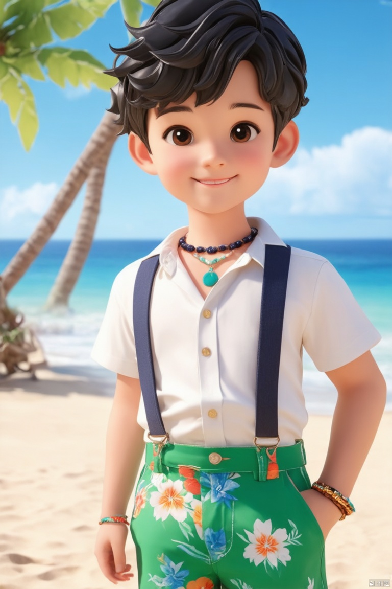 solo, looking at viewer, smile, short hair, shirt, black hair, 1boy, holding, brown eyes, jewelry, white shirt, short sleeves, male focus, cowboy shot, outdoors, parted lips, sky, shorts, day, cloud, hand up, necklace, bracelet, tree, blue sky, ocean, watermark, beach, floral print, suspenders, child, sand, palm tree, male child, green shorts, suspender shorts