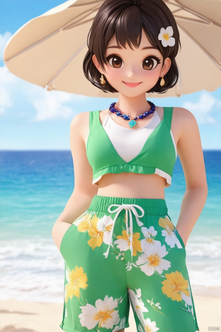 1girl, solo, looking at viewer, smile, short hair, bangs, brown hair, shirt, black hair, hair ornament, brown eyes, jewelry, standing, white shirt, flower, earrings, outdoors, sky, day, midriff, pants, cloud, hair flower, necklace, blue sky, crop top, ocean, umbrella, watermark, beach, floral print, white flower, hand in pocket, green shorts, beach umbrella