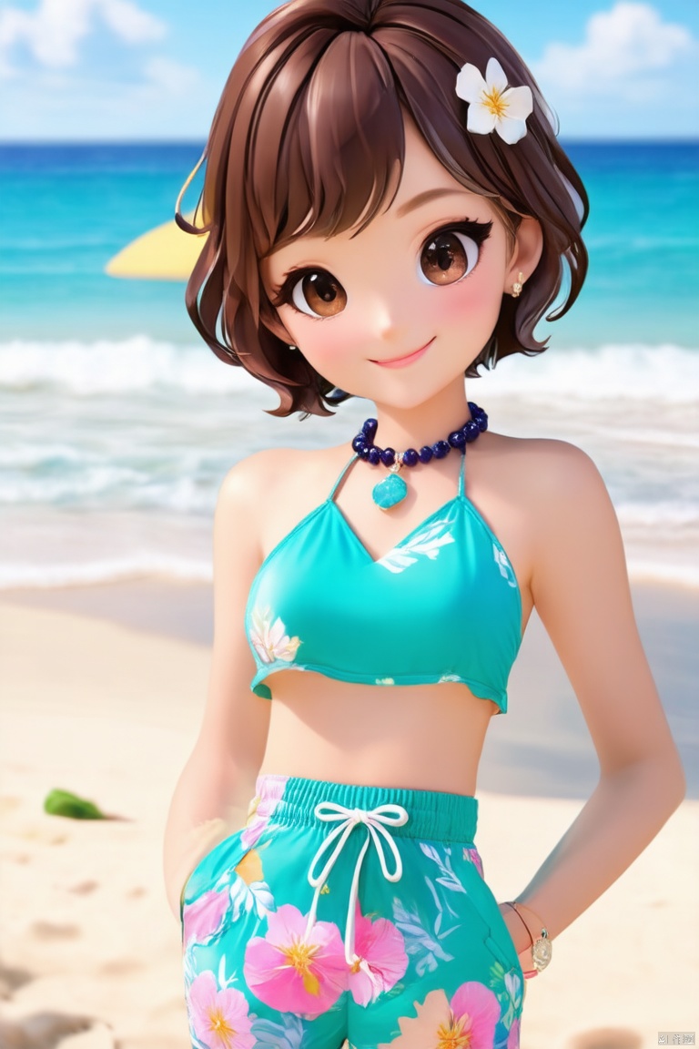 1girl, solo, looking at viewer, blush, smile, short hair, brown hair, hair ornament, brown eyes, jewelry, swimsuit, flower, outdoors, shorts, day, midriff, artist name, hair flower, water, necklace, ocean, umbrella, watermark, beach, floral print, web address