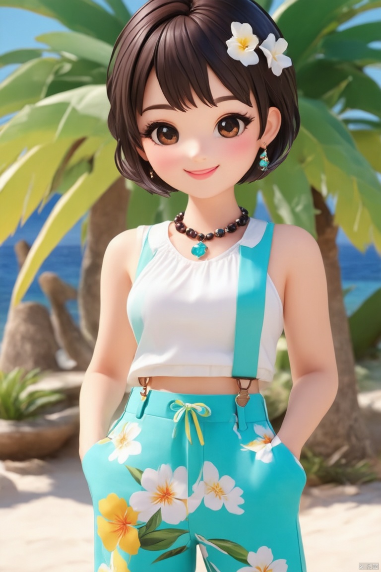 1girl, solo, looking at viewer, blush, smile, short hair, bangs, brown hair, shirt, black hair, hair ornament, brown eyes, jewelry, closed mouth, standing, white shirt, flower, earrings, outdoors, sleeveless, pants, hair flower, water, necklace, tree, eyelashes, sleeveless shirt, watermark, floral print, suspenders, white flower, hands in pockets, palm tree