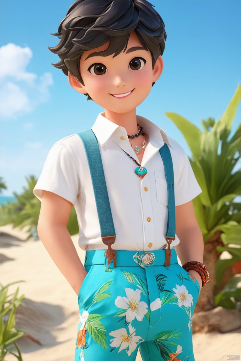 solo, looking at viewer, smile, short hair, shirt, black hair, 1boy, jewelry, standing, white shirt, flower, short sleeves, male focus, cowboy shot, outdoors, sky, shorts, day, pants, necklace, black eyes, bracelet, tree, blue sky, leaf, watermark, floral print, suspenders, plant, white flower, blue shorts, pocket, palm tree, print shirt