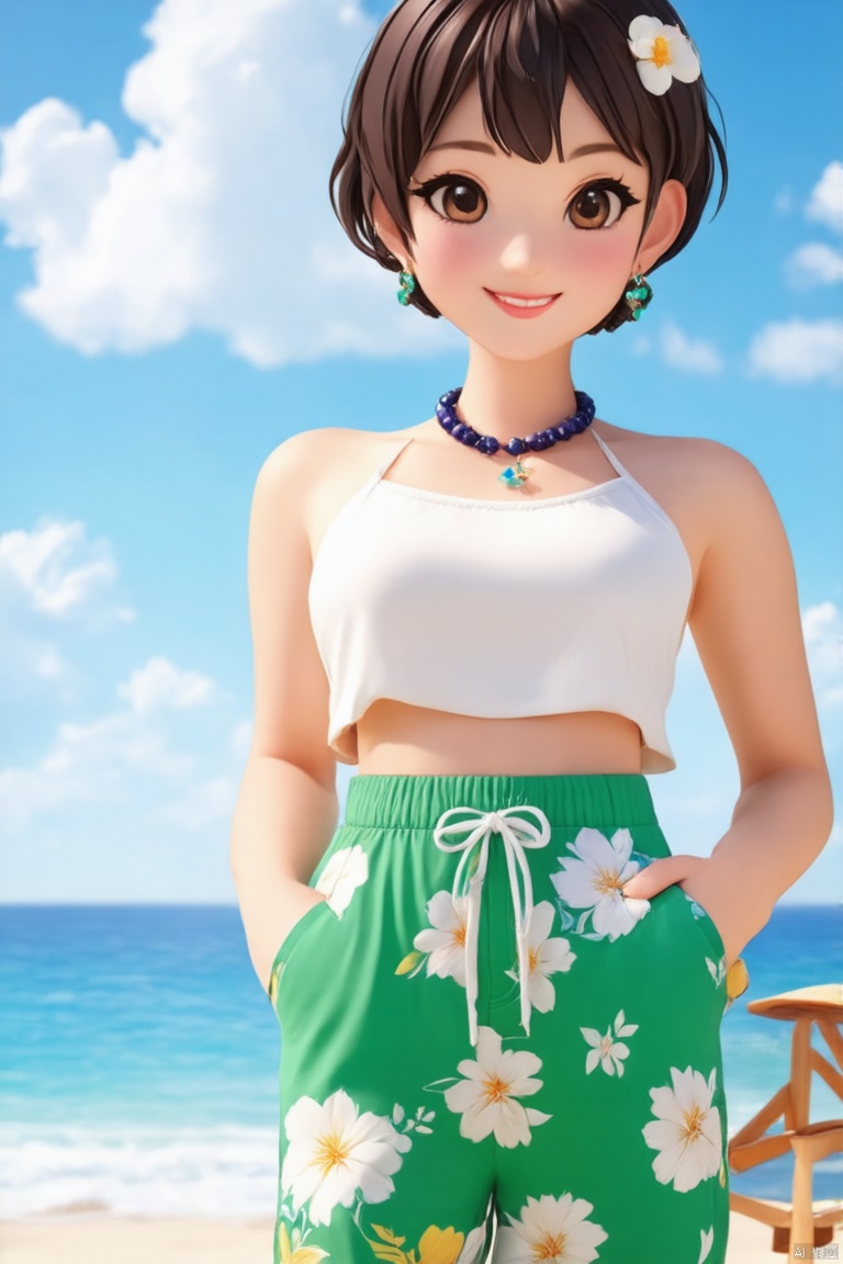 1girl, solo, looking at viewer, smile, short hair, bangs, brown hair, shirt, black hair, hair ornament, brown eyes, jewelry, standing, white shirt, flower, earrings, outdoors, sky, day, midriff, pants, cloud, hair flower, necklace, blue sky, crop top, ocean, umbrella, watermark, beach, floral print, white flower, hand in pocket, green shorts, beach umbrella