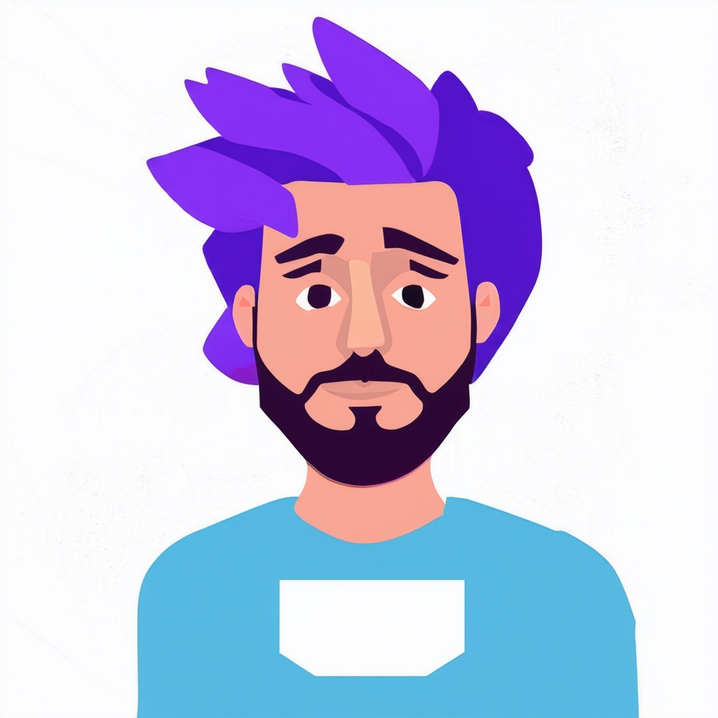 Flat Illustration,  an avatar of a man with purple hair and blue t - shirt on a white background, flat style
