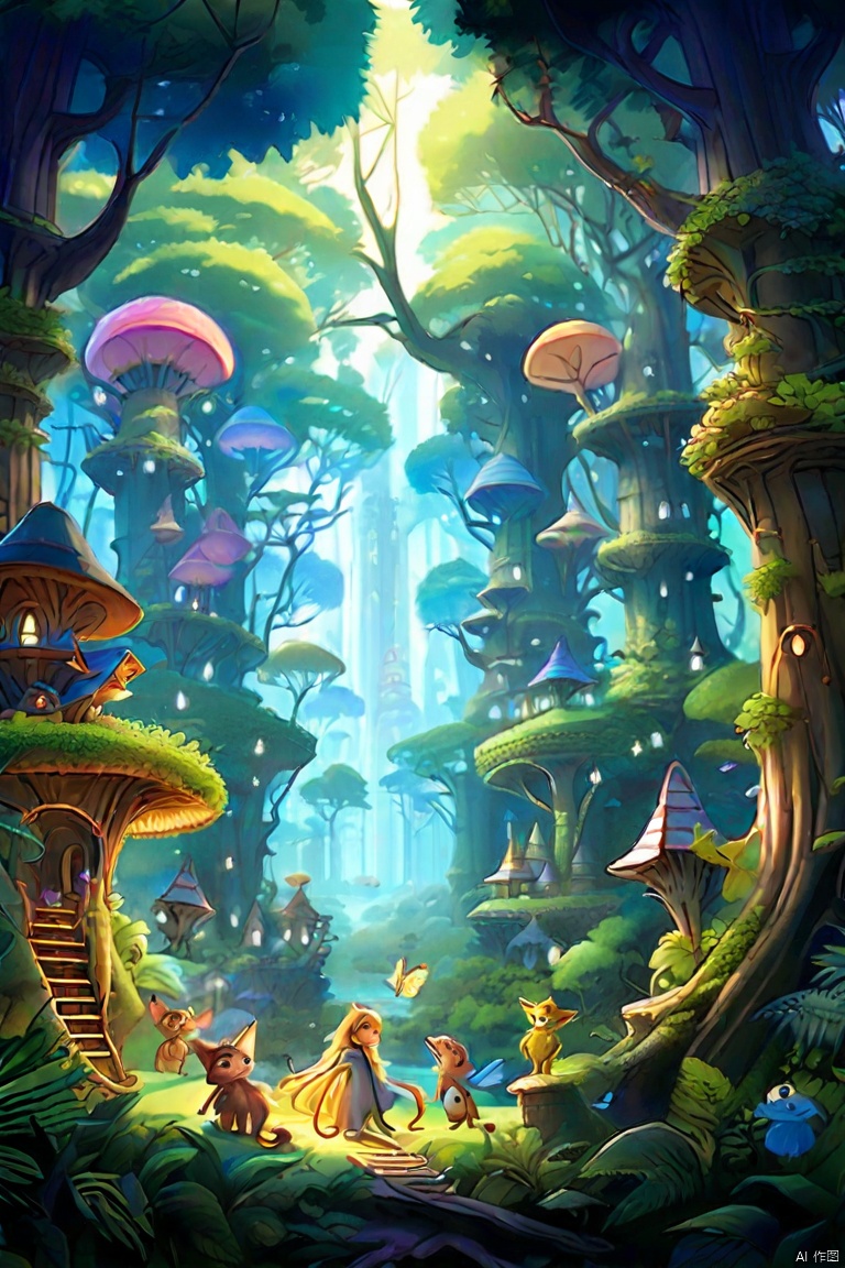 一幅富有想象力的插图,描绘了一片充满各种神秘生物的奇幻森林。这片森林里的树木特别大,它们的树冠覆盖了整个天空,只允许散射的光线穿过茂密的树叶到达地面。在这片森林里,人们可以看到几个有翅膀的仙女在空中飞翔,几个小矮人在树下建造东西。地上开满了五颜六色的花朵和蘑菇,一些奇怪的小动物在其中穿梭。整个画面色彩鲜艳,充满神秘和梦幻的气氛。高质量的插图,描绘了一片魔法森林,里面有神话般的生物、巨大的树木、飞翔的仙女、矮小的建筑、五颜六色的花朵和蘑菇,以及异国情调的小动物。,hf